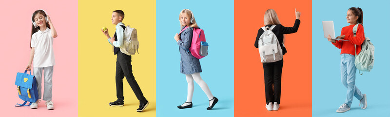 Set of little students on color background