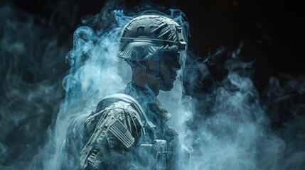 Future Marine Corps soldier emerging from a holographic projection, showcasing advanced technology and military innovation against a sleek black backdrop.