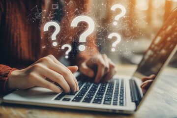 A person typing on a laptop with question marks floating above the keyboard, indicating they have questions about how to create an online business using AI technology Generative AI