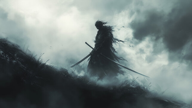 painting about lonesome samurai swordsman walking up hill