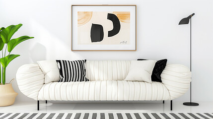 Sofa in modern interior with stylish furniture and decorative elements
