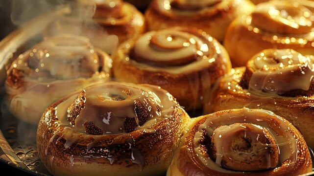 Warm cinnamon rolls topped with icing, close-up view. Delicious breakfast pastry concept.