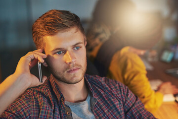 Night, phone call or man in startup thinking of conversation in business, late shift or overtime....