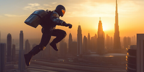 Delivery of the Future concept. Manager carrying a post parcel, flying in the sky of morning Dubai. Text space. Banner style. Outdoor shot