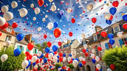 Celebrate French heritage with a vibrant scene of red, white, and blue balloons, flags, and confetti amidst a lively street party atmosphere, festive decorations abound.