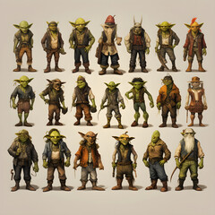 Naklejka premium Array of Goblin Costumes: A Fantastic Journey through Creepy Craftsmanship and Imaginative Design