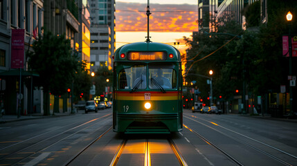 Fototapeta premium Trolley Car Driving Down Street Next Tall