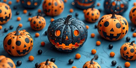 Halloween-themed pumpkins with playful polka dot patterns are scattered across a blue background, glowing warmly.