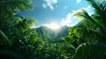 Tropical Jungle Scene With Clouds And Mountains