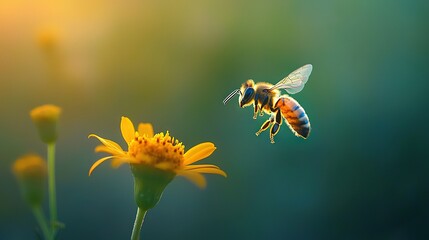 Naklejka premium A zoomed-in image of a bee hovering near a flower, surrounded by out-of-focus yellow blossoms