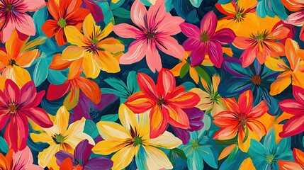 Fototapeta premium A vibrant painting of an array of flowers set against a backdrop of blue and orange with varying shades of red, yellow, orange, and green foliage