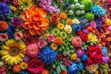 Vibrant rainbow-hued floral backdrop bursts with an assortment of blooming flowers, showcasing intricate textures and