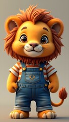 Fototapeta premium A cute lion, wear denim overalls with a cute cartoon design, 