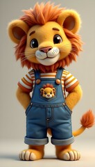 A cute lion, wear denim overalls with a cute cartoon design, 