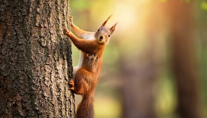 A squirrel climbing on the tree in the forest