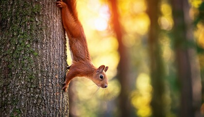 Fototapeta premium A squirrel climbing on the tree in the forest