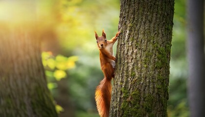 A squirrel climbing on the tree in the forest