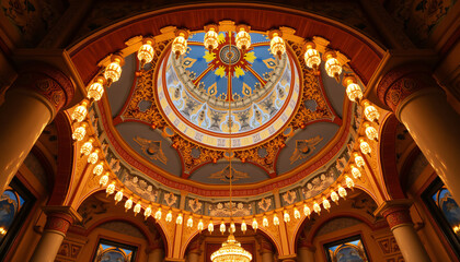 Richly decorated Gurudwara ceiling featuring hanging lights and intricate patterns adding to the festive ambiance.
