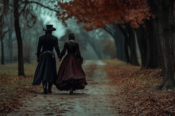 Naklejka premium A chance encounter between Dracula and a fierce vampire hunter on a foggy autumn evening along a winding path