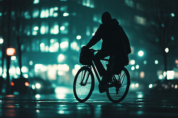 Dracula rides a bicycle through a foggy modern city at dusk, blending gothic lore with urban life under dim streetlights