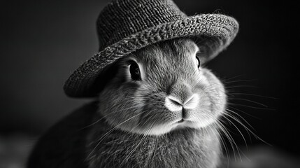  Rabbit wearing a hat on its head against a monochrome background