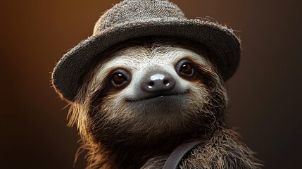   A close-up of a sloth in a hat with a bow tie around its neck