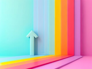 A white arrow pointing up in front of a rainbow colored wall