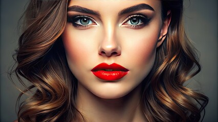Fototapeta premium Close-up of a beautiful young woman's full, luscious lips, adorned with bold red lipstick, gaze directly at the camera with confidence and allure.