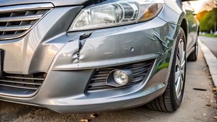 Close-up of a car's damaged bumper with multiple small dents and scratches, emphasizing the need for repair and maintenance after minor accidents.