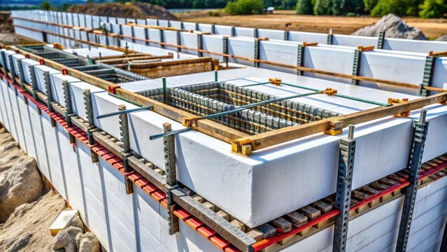 Close-up of a insulated concrete form (ICF) system, showcasing thermal formwork blocks with reinforced rebar, awaiting concrete pour for energy-efficient building construction.