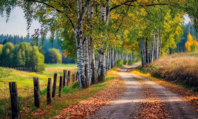 Fototapeta premium path in the autumn forest, country road in autumn 