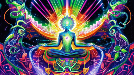 Fototapeta premium Cosmic Meditation: A vibrant and intricate psychedelic artwork depicting a figure in deep meditation, surrounded by swirling colors, geometric patterns, and ethereal energy. 
