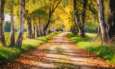 Naklejka premium path in the autumn forest, country road in autumn 