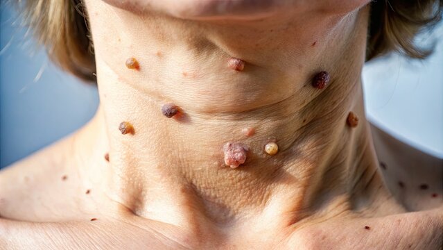 Close-up of neck skin with multiple small, benign growths or skin tags, a common cosmetic concern, illuminated by soft natural light, revealing subtle texture and detail.