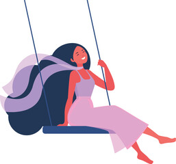 Happy woman enjoys swing while floating in the sky. Concept of mental and physical health, happiness. Vector illustration in flat style