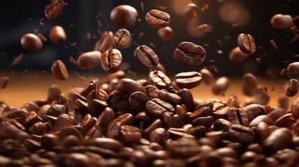 Obraz premium Roasted coffee beans falling on heap against brown background. Neural network ai generated art