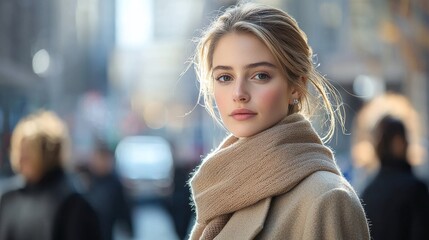 Fototapeta premium A Serene Gaze: A young woman with a captivating gaze and blonde hair, adorned with a warm scarf and coat, stands out amidst the urban backdrop. Her expression exudes a sense of tranquility.