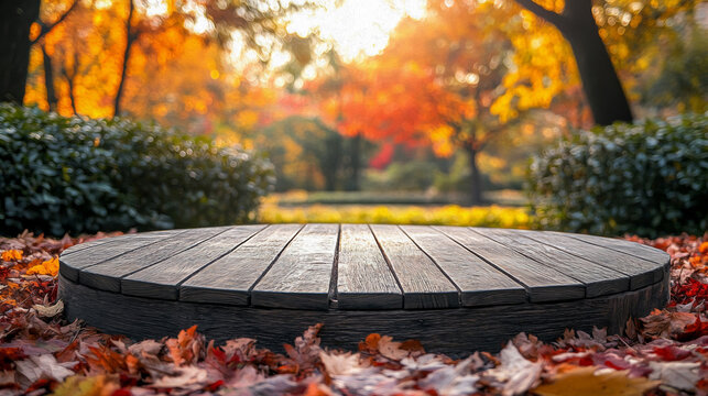 A Wooden Podium Surrounded by Vibrant Autumn Foliage in a Serene Garden