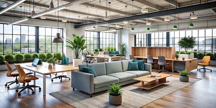 Collaborative team workspace with flexible seating and modernist aesthetic