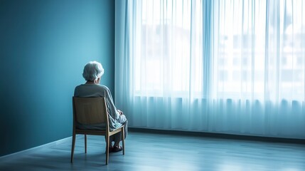 A senior individual sits quietly in a bare room, looking out through sheer curtains, embodying solitude and reflection. Generative AI