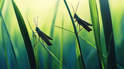   A pair of grasshoppers perched atop a tall, verdant grass blade amidst a vibrant green meadow