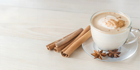 Creamy latte topped with cinnamon and served in a glass cup with cinnamon sticks and star anise