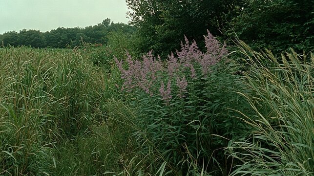  A vibrant field of green hosts many purple blooms near a dense purple forest