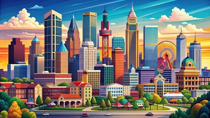 Colorful illustration of Atlanta's skyline featuring iconic landmarks, vibrant city streets, and bold typography, blending modern style with southern charm and urban energy.