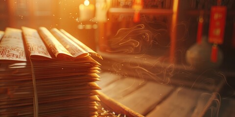 Fortune paper with Chinese Joss stick symbols stacked and revealed