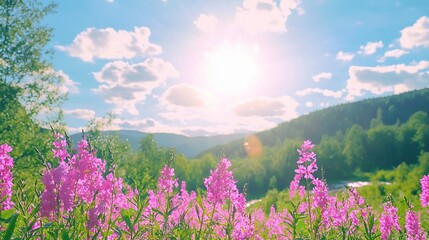 Fototapeta premium A stunning view of a field brimming with vibrant purple blooms beneath a clear blue sky, with the golden sun filtering through fluffy clouds above towering mountain ranges