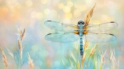   A blue-yellow dragonfly rests atop a tall grass blade, set against a hazy backdrop