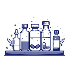 Set of bottles with medicines and herbs. Vector illustration in flat style.