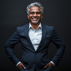 Professional portrait of a smiling grey-haired man in his late 40s to 50s, in a fitted dark blue suit and white button-up shirt, standing with his hands on his hips in front of a black background