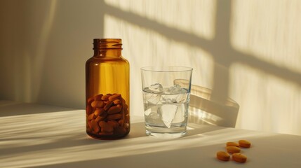 A glass of water and a bottle of pills. Taking medication. AI generative.